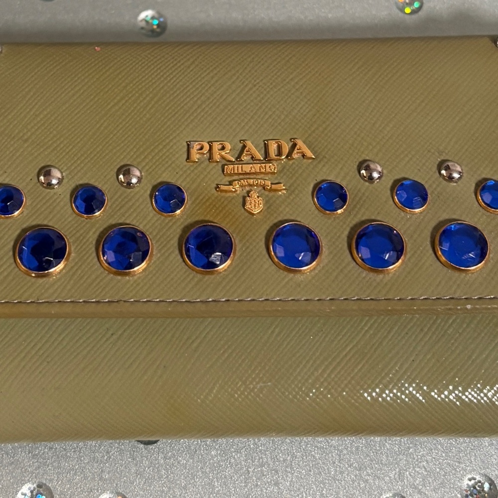 Prada Green Leather Wallet / Clutch with Blue Rhinestones